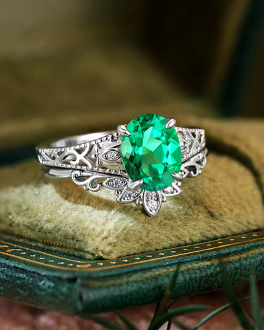 TIANA Art Deco Oval Cut Emerald Lotus Flower Engagement Ring Set 2pcs