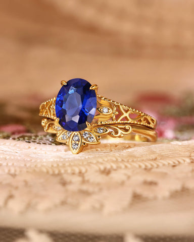 OCTAVIA Vintage Floral Oval Shaped Blue Sapphire Engagement Ring Set