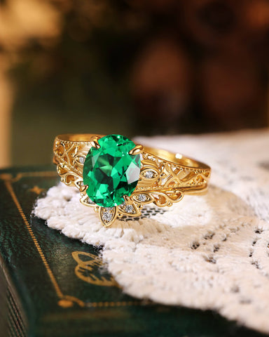TIANA Art Deco Oval Cut Emerald Lotus Flower Engagement Ring Set 2pcs