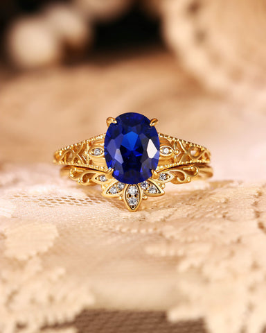 OCTAVIA Vintage Floral Oval Shaped Blue Sapphire Engagement Ring Set