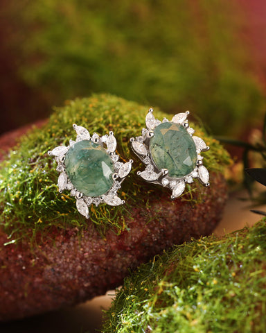 ANEMONE Oval Cut Moss Agate Moissanite Cluster Halo Earrings