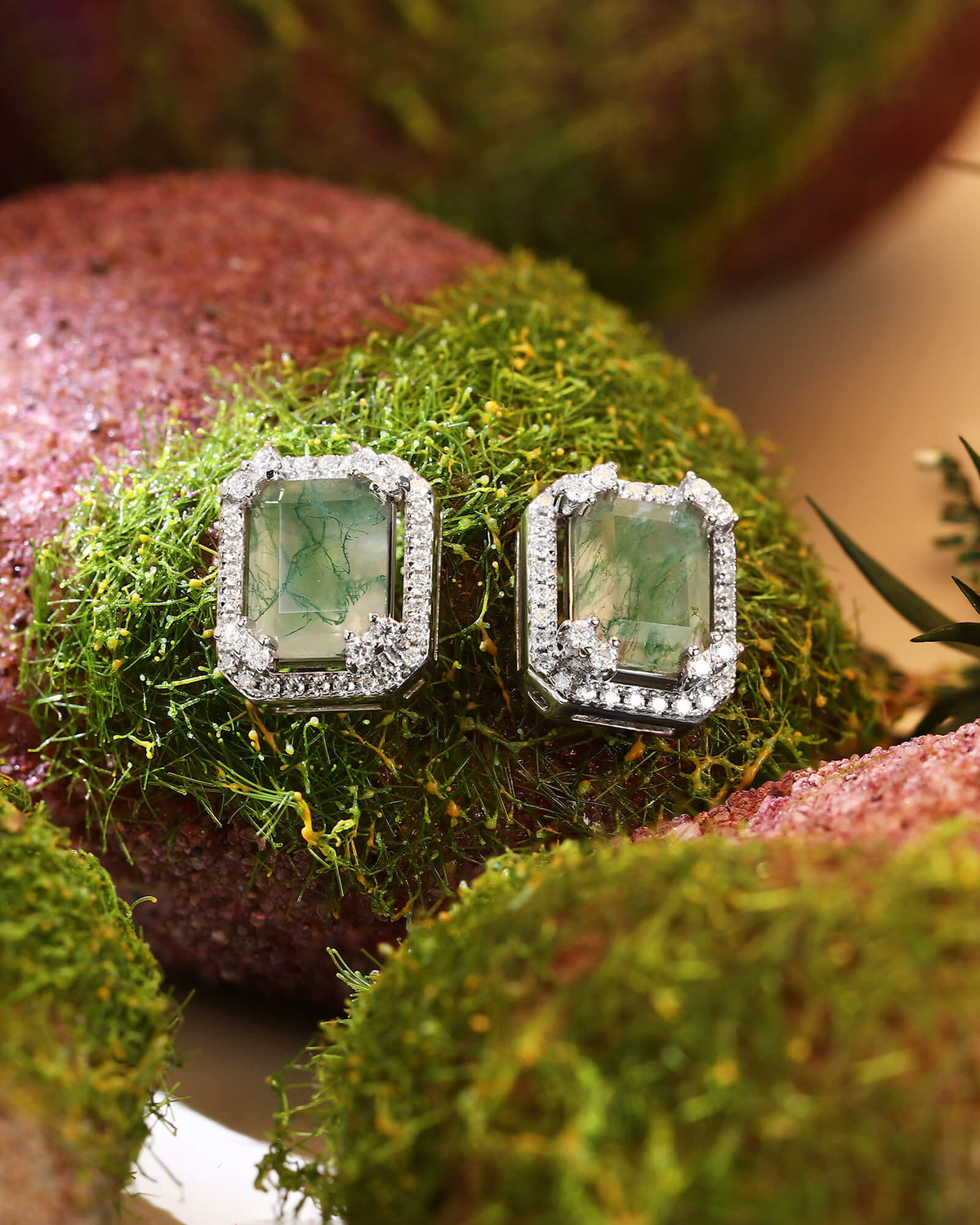IRENE Emerald Cut Moss Agate Halo Earrings