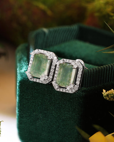 IRENE Emerald Cut Moss Agate Halo Earrings