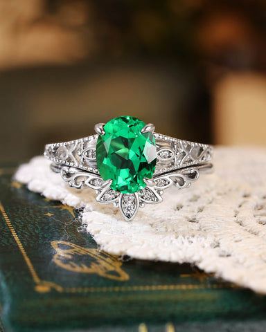 TIANA Art Deco Oval Cut Emerald Lotus Flower Engagement Ring Set 2pcs