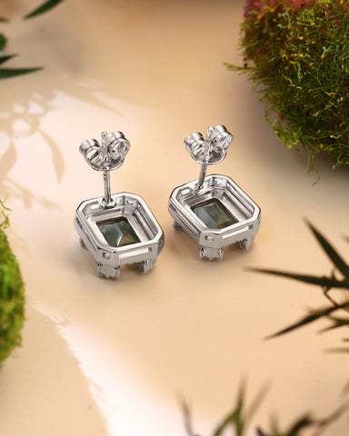 IRENE Emerald Cut Moss Agate Halo Earrings