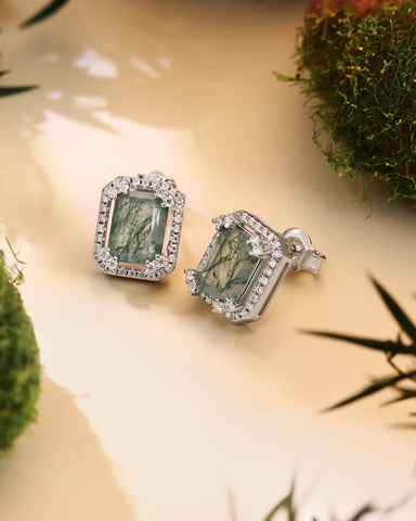 IRENE Emerald Cut Moss Agate Halo Earrings