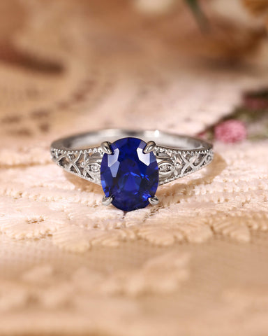 MIREN Art Deco Jewelry Floral Oval Blue Sapphire Engagement Ring