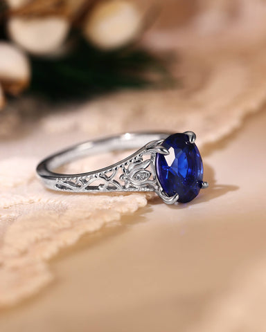 MIREN Art Deco Jewelry Floral Oval Blue Sapphire Engagement Ring