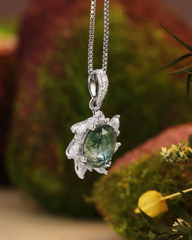 CAMELIA Oval Cut Moss Agate Moissanite Cluster Halo Pendant Necklace