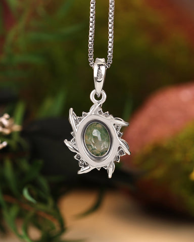 CAMELIA Oval Cut Moss Agate Moissanite Cluster Halo Pendant Necklace