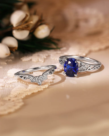 OCTAVIA Vintage Floral Oval Shaped Blue Sapphire Engagement Ring Set