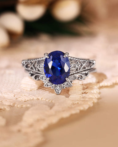 OCTAVIA Vintage Floral Oval Shaped Blue Sapphire Engagement Ring Set