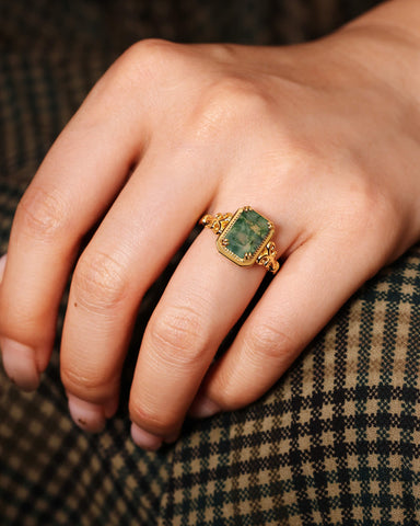 MAVIE Art Deco Style Emerald Cut Moss Agate Engagement Ring