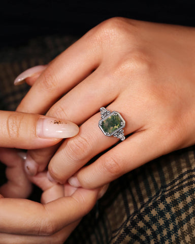 MAVIE Art Deco Style Emerald Cut Moss Agate Engagement Ring