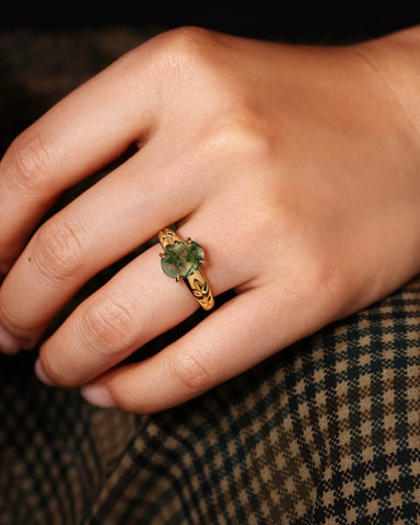 DAHLIA  Leaf Oval Shaped Moss Agate Engagement Ring