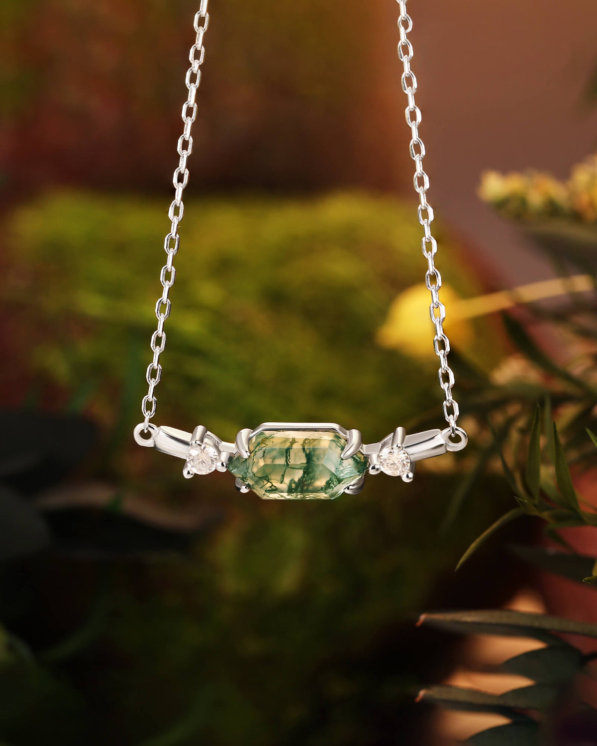 ROSEMARY Long Hexagon Moss Agate Geometric Necklace