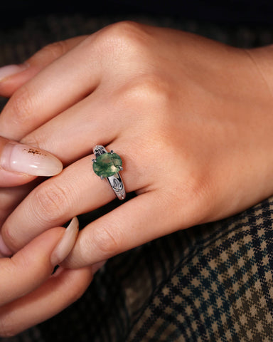 DAHLIA  Leaf Oval Shaped Moss Agate Engagement Ring