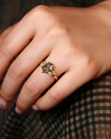 WINOLA Leaf Pear Cut Moss Agate Engagement Ring