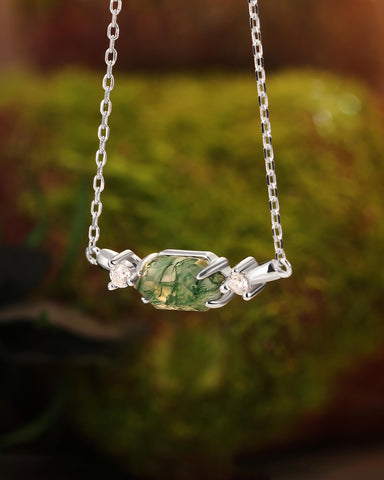 ROSEMARY Long Hexagon Moss Agate Geometric Necklace