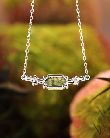 ROSEMARY Long Hexagon Moss Agate Geometric Necklace