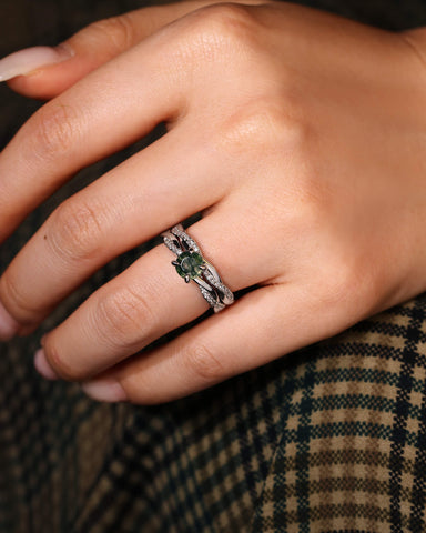 ANORA Classic Twist Round Moss Agate Ring Set