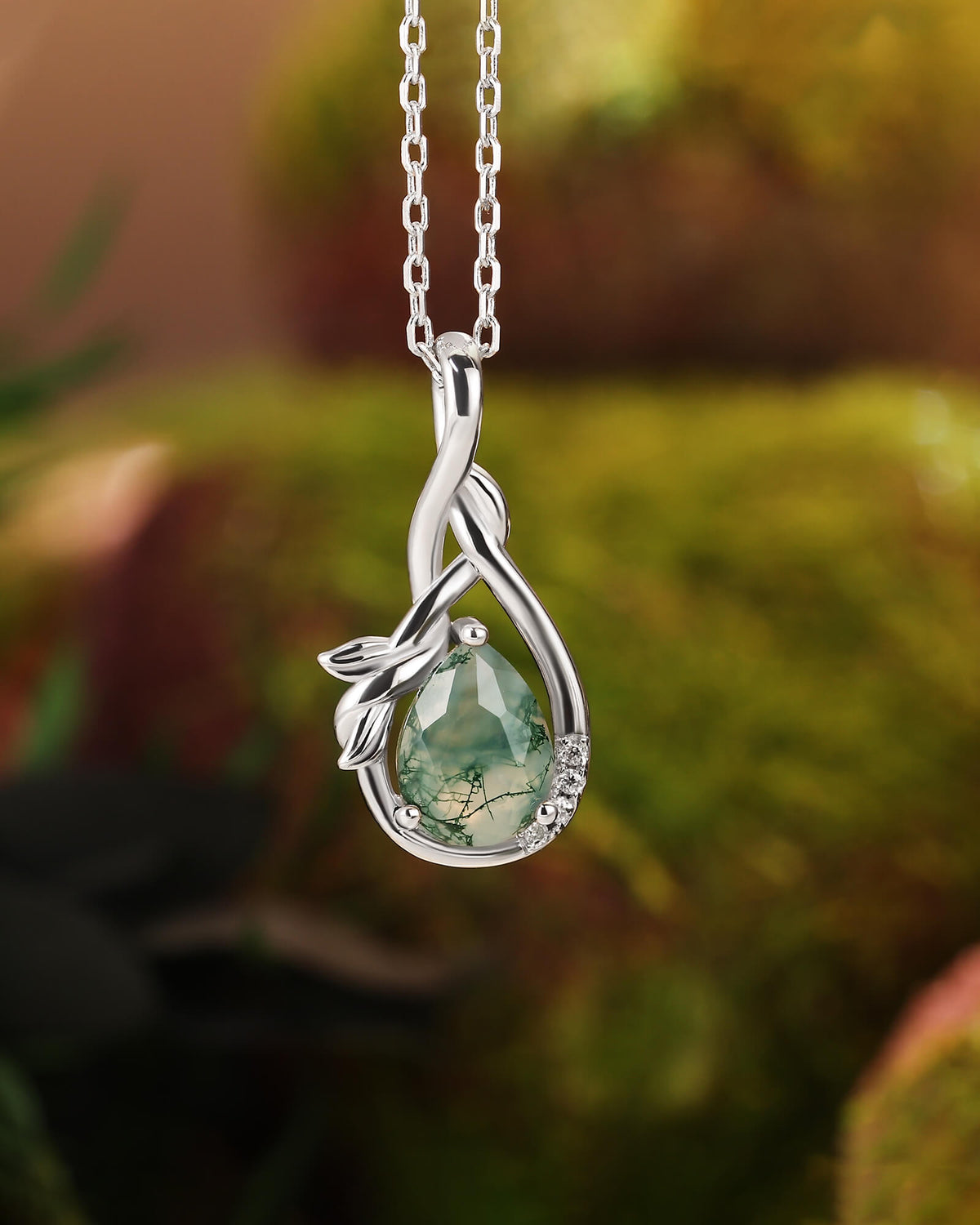 WREN Nature Inspired Pear Cut Moss Agate Leaf Infinity Necklace