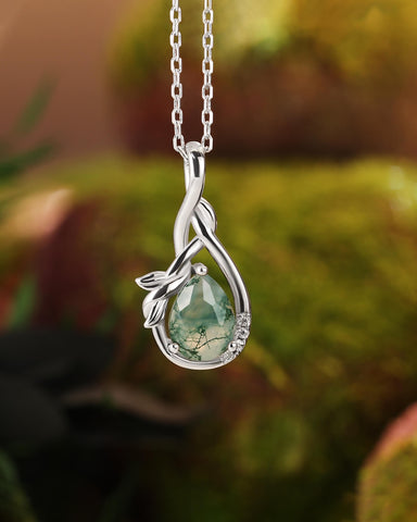 WREN Nature Inspired Pear Cut Moss Agate Leaf Infinity Necklace