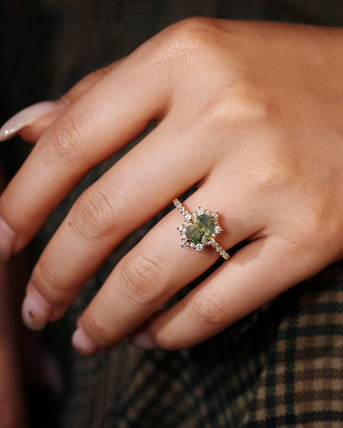 MARIGOLD Halo Oval Cut Moss Agate Engagement Ring