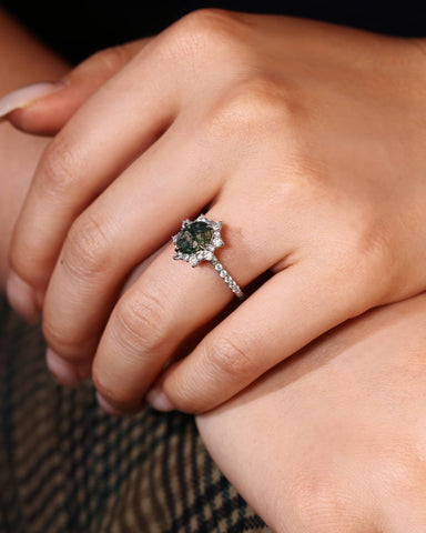 MARIGOLD Halo Oval Cut Moss Agate Engagement Ring