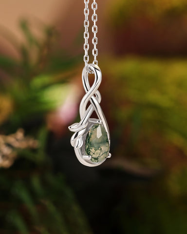 WREN Nature Inspired Pear Cut Moss Agate Leaf Infinity Necklace