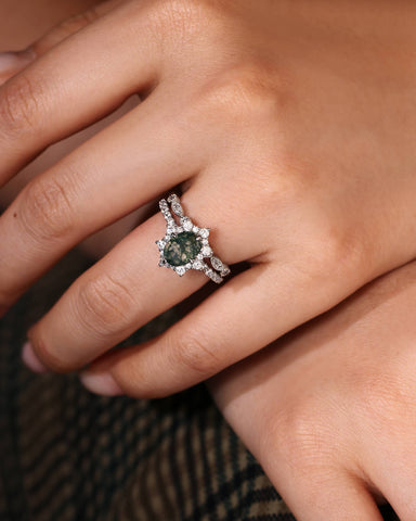 ARIANNA Oval Cut Halo Moss Agate Ring Set