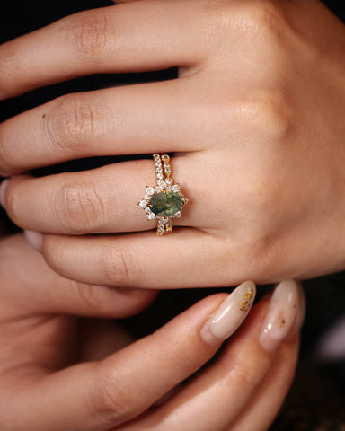 ARIANNA Oval Cut Halo Moss Agate Ring Set