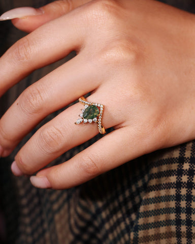 ISLAE Infinity Twisted Pear Cut Moss Agate Engagement Ring