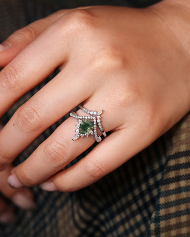 BRIELLE Pear Cut Moss Agate Engagement Ring Set