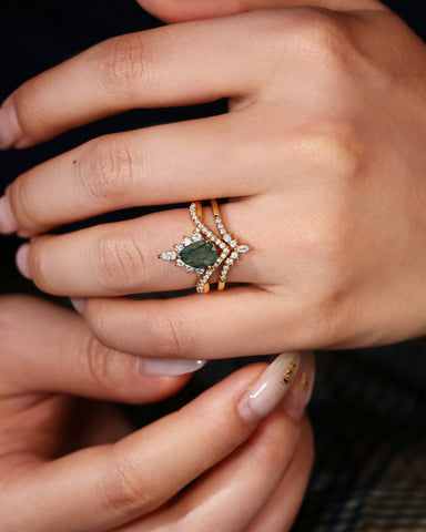 BRIELLE Pear Cut Moss Agate Engagement Ring Set