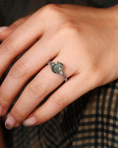 ESSIE Art Deco Jewelry Floral Oval Moss Agate Engagement Ring
