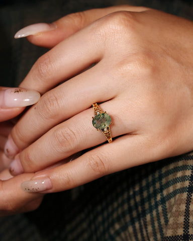 ESSIE Art Deco Jewelry Floral Oval Moss Agate Engagement Ring