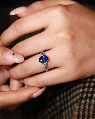 MIREN Art Deco Jewelry Floral Oval Blue Sapphire Engagement Ring