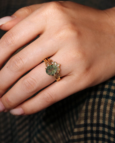 OPHIRA Vintage Floral Oval Shaped Moss Agate Engagement Ring Set