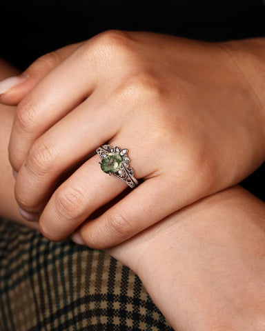 OPHIRA Vintage Floral Oval Shaped Moss Agate Engagement Ring Set