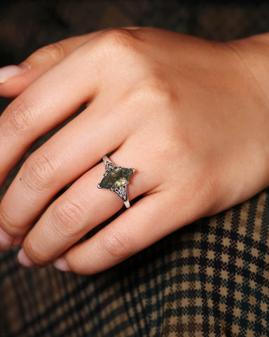 WYNN Art Deco Style Fleur-De-Lis Marquise Cut Moss Agate Engagement Ring
