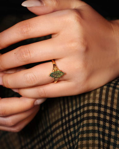 WYNN Art Deco Style Fleur-De-Lis Marquise Cut Moss Agate Engagement Ring
