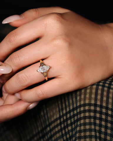 JOVI Fleur-De-Lis Signet Marquise Shape Moissanite Engagement Ring