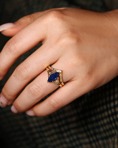 BELLAMY Art Deco Inspired Fleur-De-Lis Vintage Marquise Blue Sapphire Engagement Ring Set