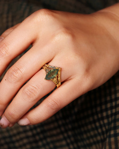 NEPHELE Nature Inspired Moss Agate Marquise Art Deco Style Ring Set