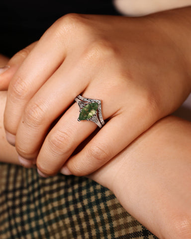 NEPHELE Nature Inspired Moss Agate Marquise Art Deco Style Ring Set