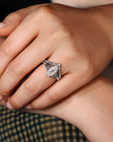 LUNARA Vintage Style Marquise Cut Moissanite Fleur-De-Lis Wedding Ring