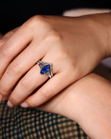 BELLAMY Art Deco Inspired Fleur-De-Lis Vintage Marquise Blue Sapphire Engagement Ring Set