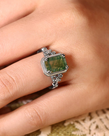 MAVIE Art Deco Style Emerald Cut Moss Agate Engagement Ring