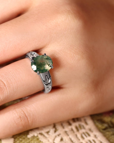 DAHLIA  Leaf Oval Shaped Moss Agate Engagement Ring